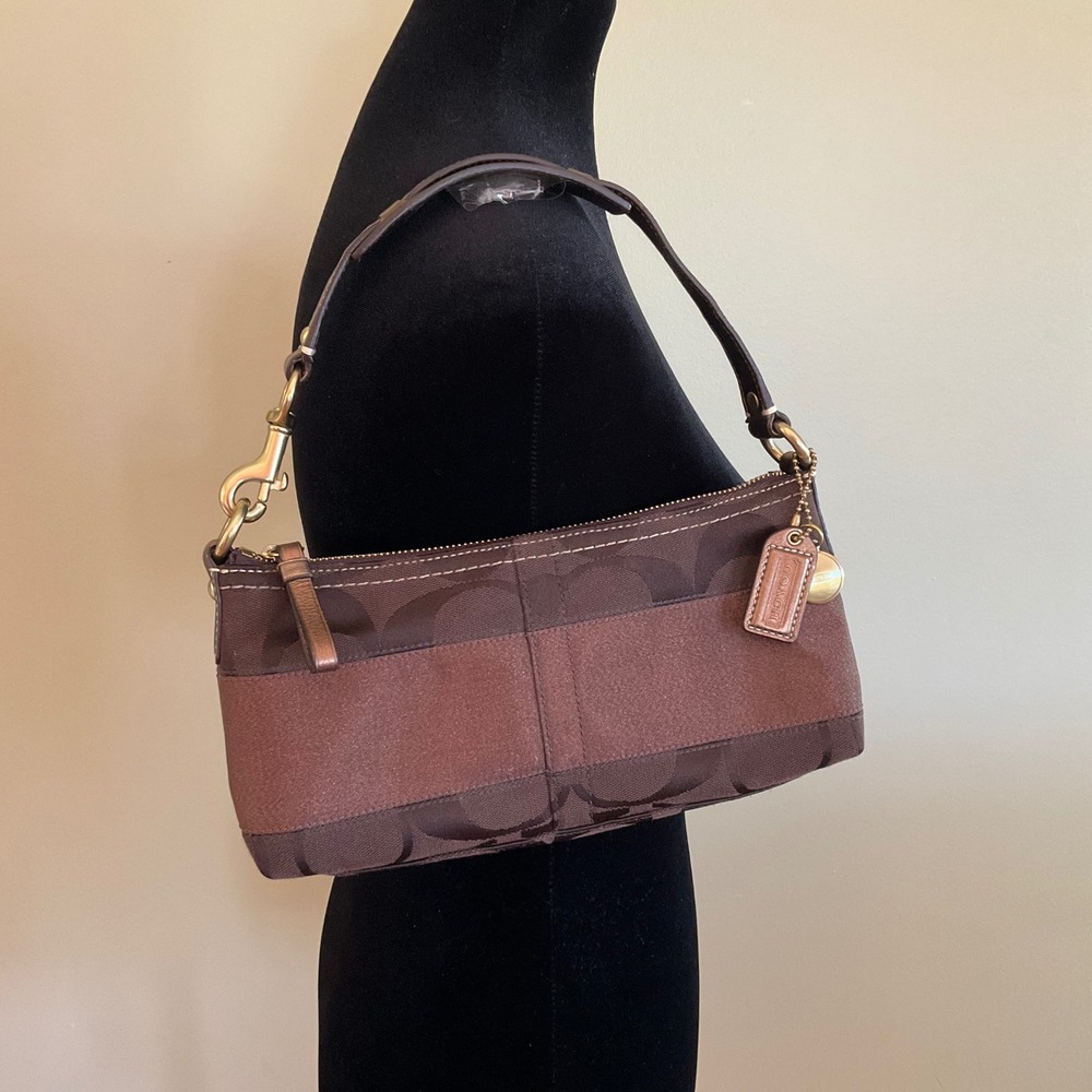 VTG Y2K Coach Signature Stripe Demi Baguette Brown Jacquard Bronze Leather 11096